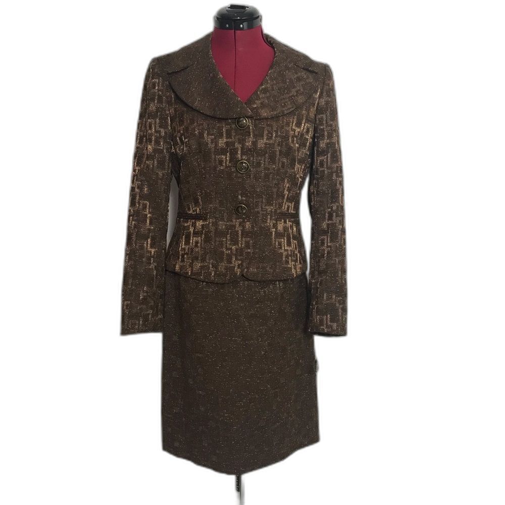 NWT Antonio Melani Skirt Suit Size 6 Brown & Gold 2-Piece Set Skirt & Blazer